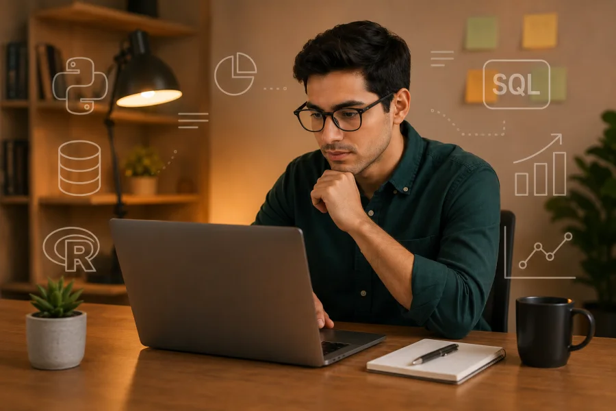 Analista trabajando con SQL, Python y R sobre un portátil