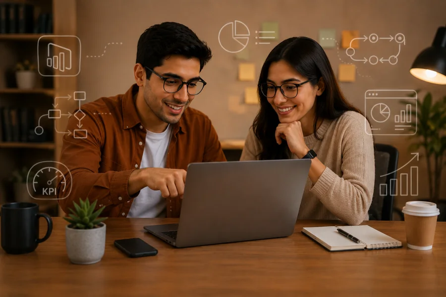 Equipo construyendo dashboards y analizando procesos