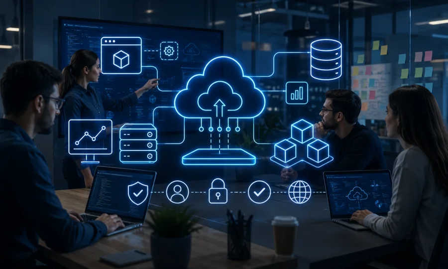 Equipo revisando una arquitectura cloud en pantalla