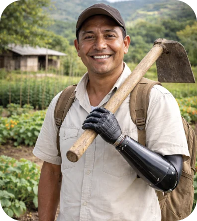 Campesino con prótesis de brazo en su cultivo