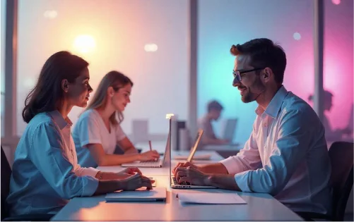 Equipo trabajando con portátiles en una sala de innovación
