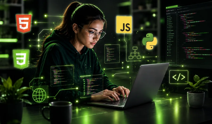 Estudiante creando su primer sitio web con HTML, CSS y JavaScript