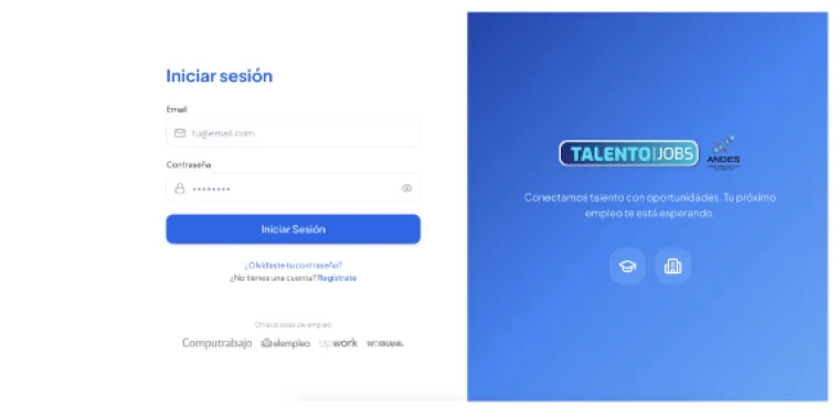 Pantalla de acceso de Talento Jobs